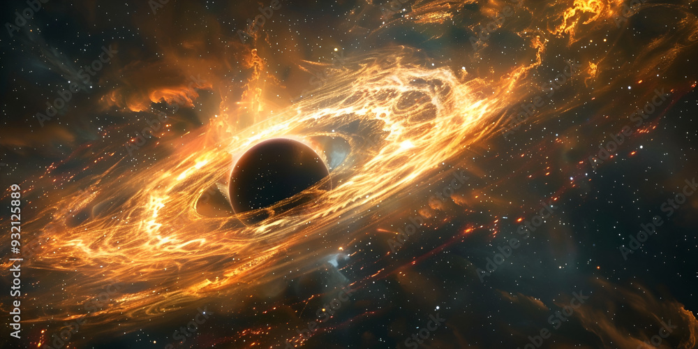 Obraz premium A black hole in a galaxy, Captivating Celestial Phenomenon in Deep Space, The event horizon of a black hole, a mysterious boundary where the immense gravity distorts the fabric of space and time.