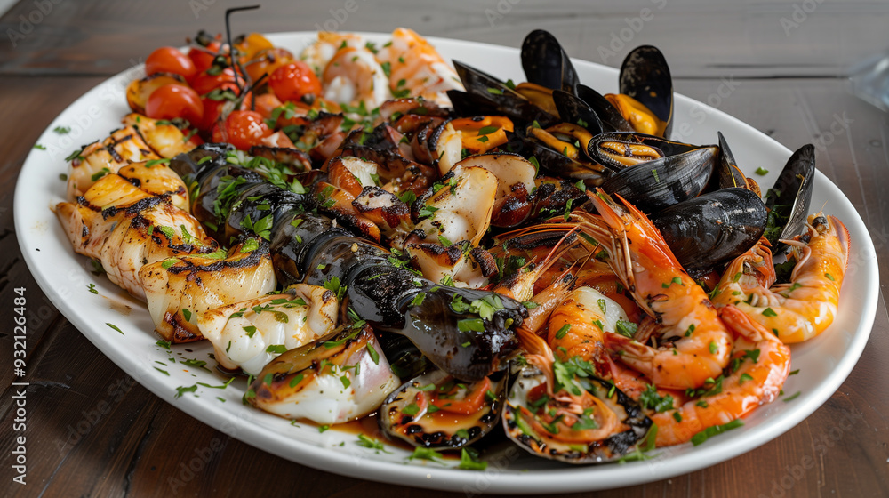 A large white plate with a variety of seafood, including grilled shrimp, calamari, mussels, and vegetables, served on a wooden table. The dish is garnished with fresh herbs A large white plate with a variety of seafood, including grilled shrimp, calamari, mussels, and vegetables, served on a wooden table. The dish is garnished with fresh herbs