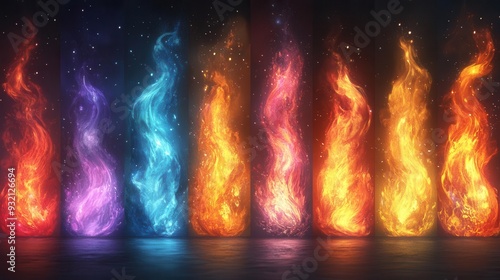 dynamic set of realistic flame elements from smoldering embers to roaring infernos each with unique color gradients and intricate spark patterns for versatile design use photo