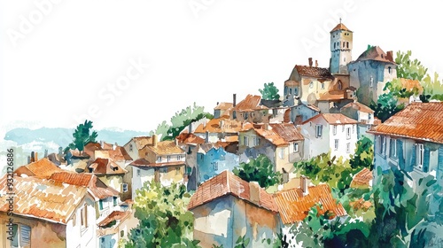 A watercolor illustration of medieval towns in Europe photo