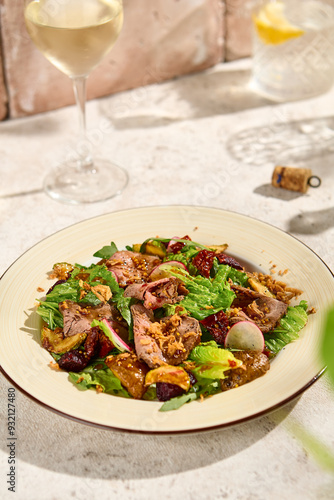 Rustic Roast Beef and Baked Potato Salad in Sunlight - Authentic Still Life with Natural Aesthetic