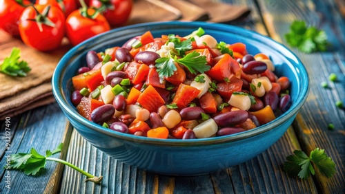 Hearty, colorful mix of cooked beans, diced tomatoes, onions, and fresh cilantro, served in a vibrant blue ceramic bowl on a rustic wood table.