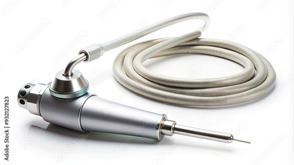 High-angled view of a dentist's suction device with tubing and tip, isolated on a white background, ready for oral care procedures. High-angled view of a dentist's suction device with tubing and tip, isolated on a white background, ready for oral care procedures.