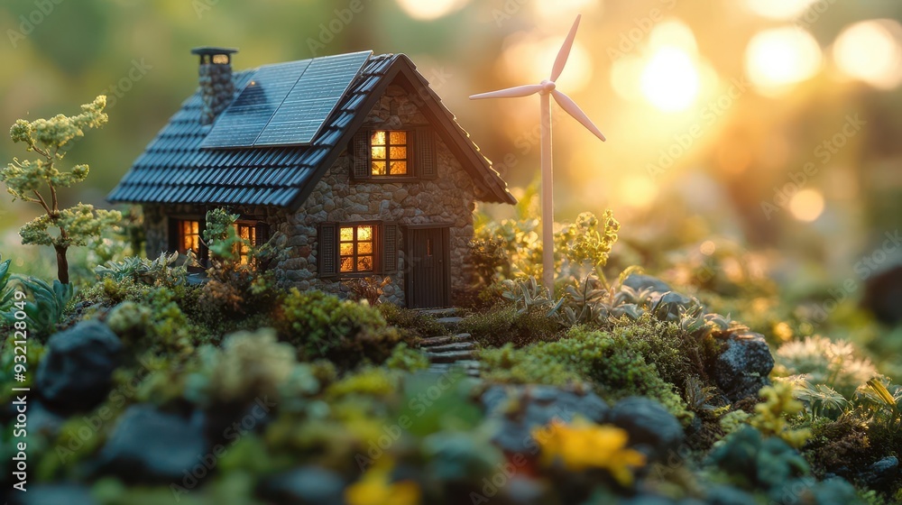 ecofriendly home concept miniature house nestled in lush grass vibrant sunshine bathes the scene with renewable energy elements like solar panels and wind turbines integrated seamlessly ecofriendly home concept miniature house nestled in lush grass vibrant sunshine bathes the scene with renewable energy elements like solar panels and wind turbines integrated seamlessly