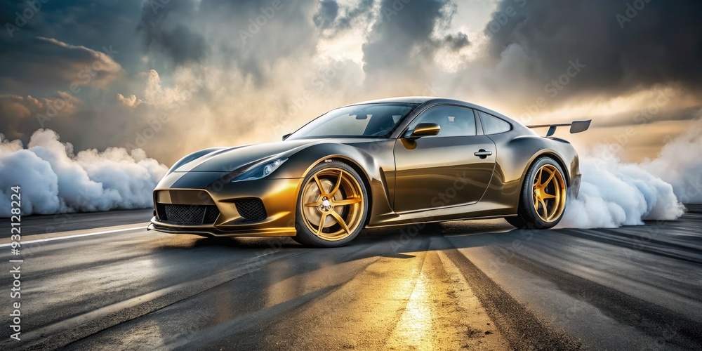 High-performance racing car with sleek gold wheels stationary on a grey cement road, emitting smoke from its brake system, conveying a sense of car trouble. High-performance racing car with sleek gold wheels stationary on a grey cement road, emitting smoke from its brake system, conveying a sense of car trouble.