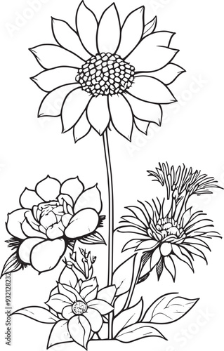Flower coloring page, hand drown a vintage for adult