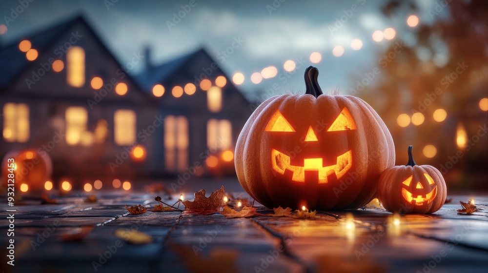 Fototapeta premium Halloween pumpkins in town center with warm lights, festive 3D render