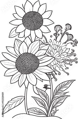 Flower coloring page, hand drown a vintage for adult