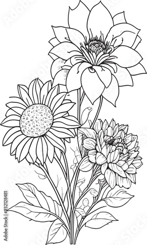 Flower coloring page, hand drown a vintage for adult