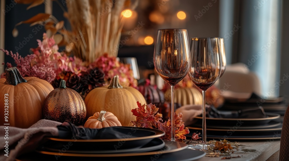 Obraz premium Stylish autumn table setting with pumpkins and wildflowers for a gathering