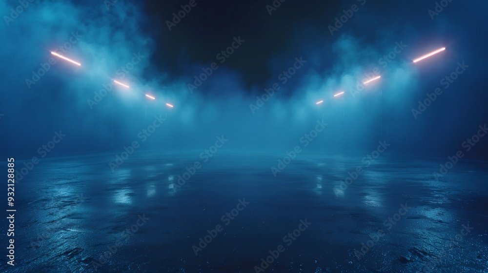 Neon Lights in a Foggy, Blue Setting Neon Lights in a Foggy, Blue Setting