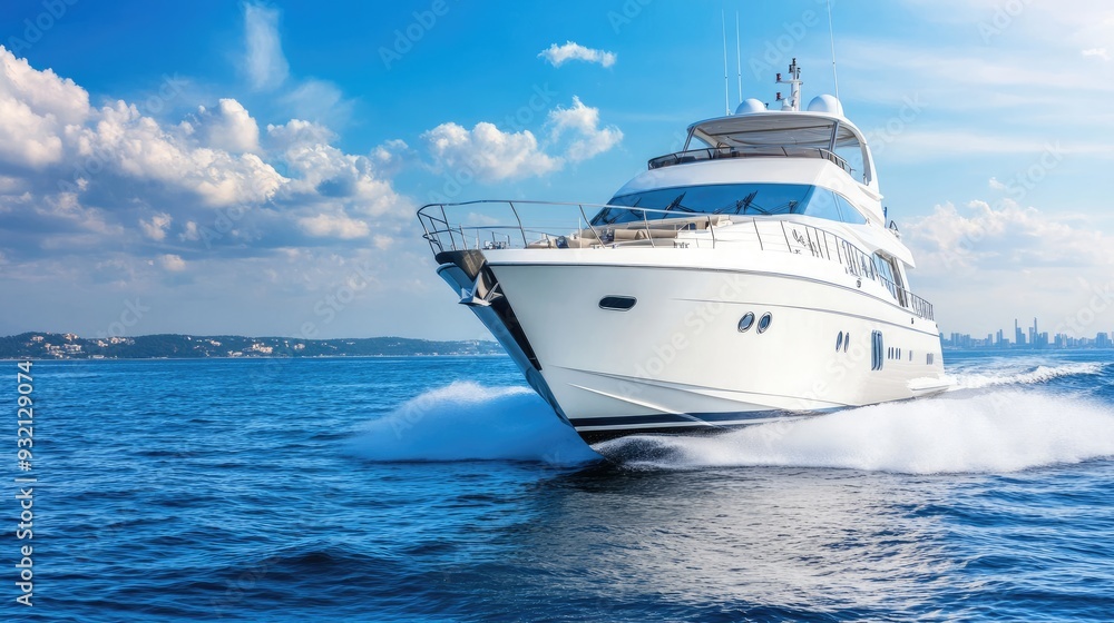A sleek yacht navigates the sea at dusk, surrounded by blue skies and fluffy clouds, showcasing an atmosphere of elegance and tranquility A sleek yacht navigates the sea at dusk, surrounded by blue skies and fluffy clouds, showcasing an atmosphere of elegance and tranquility