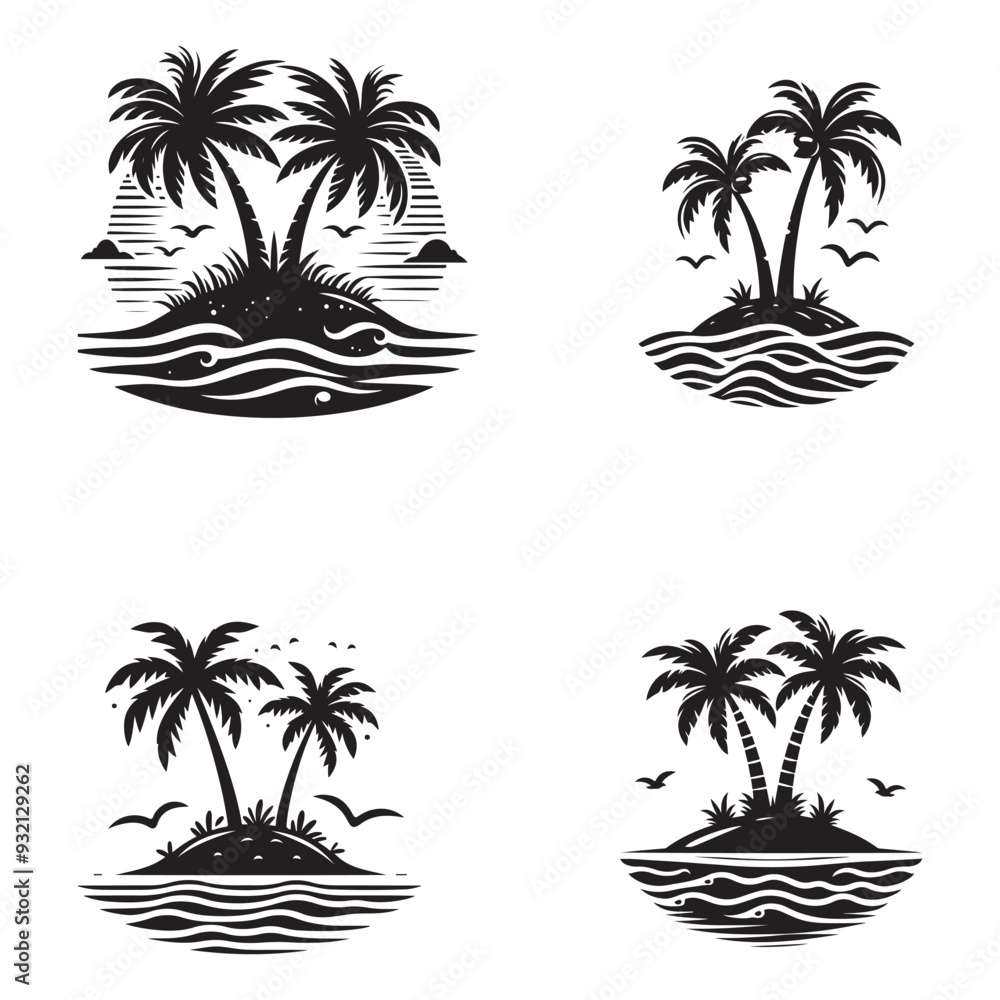 Fototapeta premium Coconut tree silhouette. Tropical palm trees black silhouette collection, Summer vacation concept. Vector isolated on white background