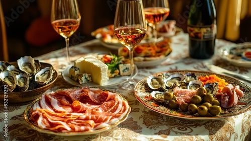 A table topped with plates of food and glasses of wine