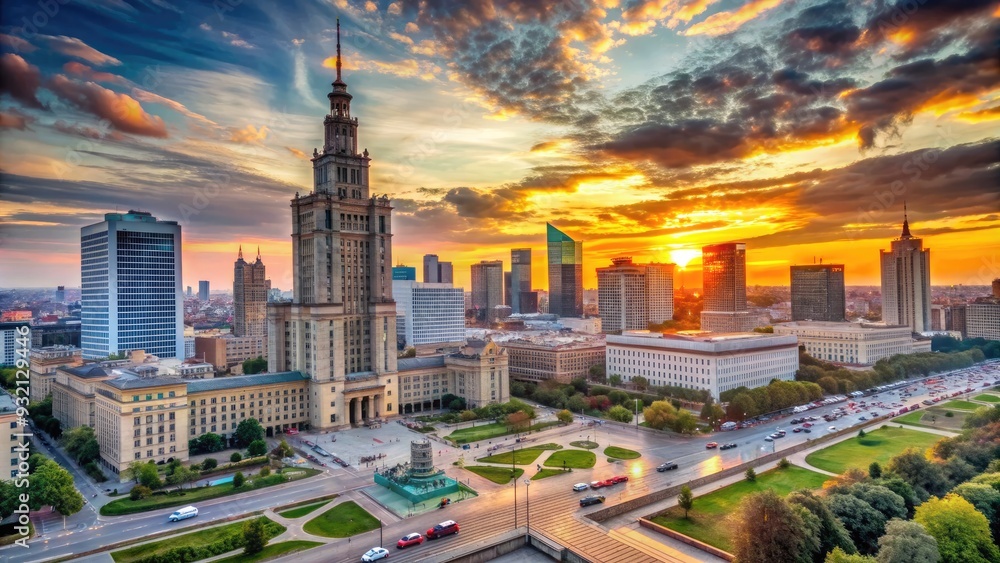 Obraz premium Historic cityscape of Warsaw, Poland at sunset, featuring the majestic Palace of Culture and Science, surrounded by vibrant street life and modern skyscrapers.