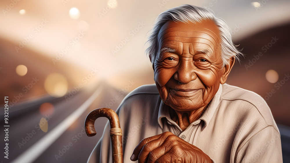 Obraz premium an old man with a cane was smiling