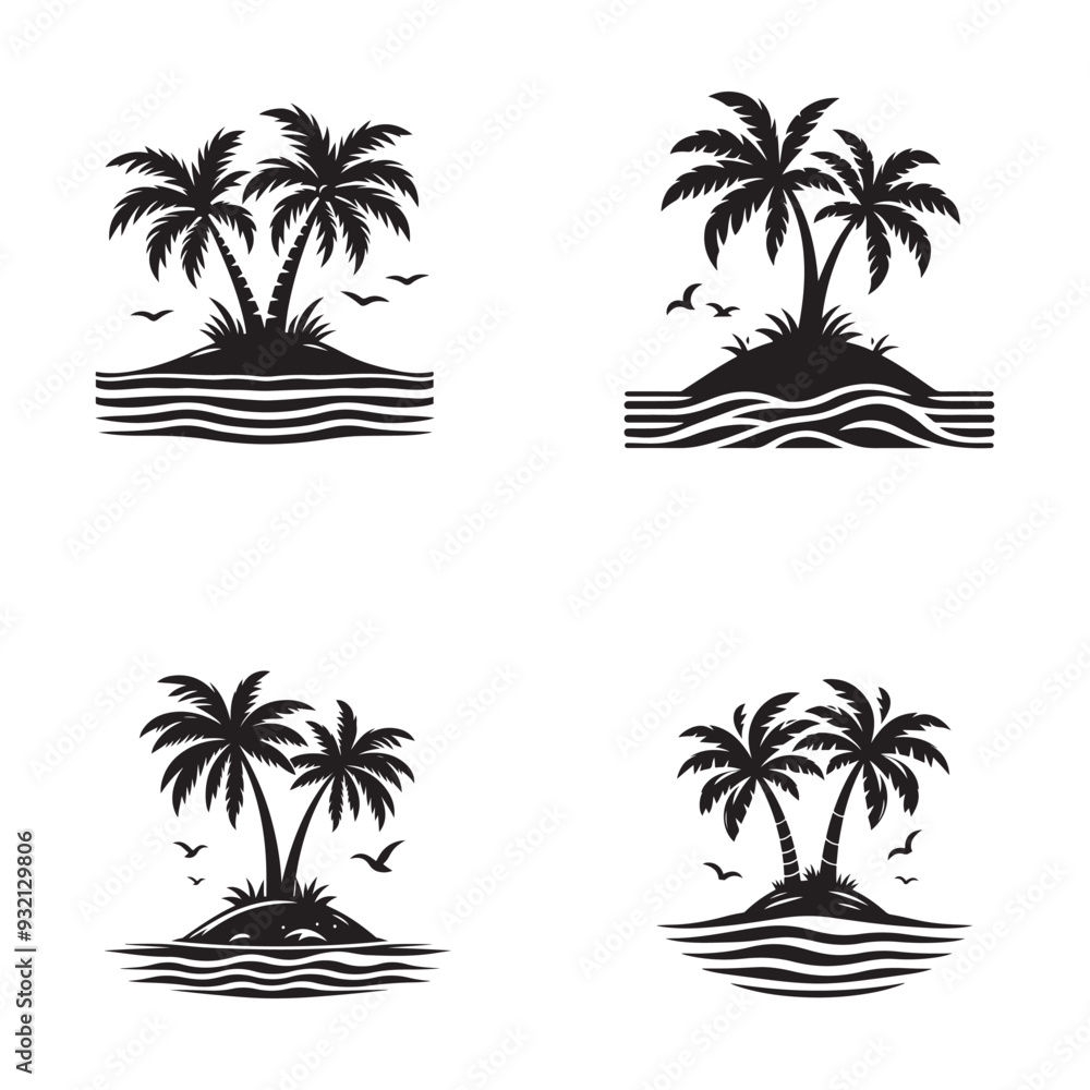 Fototapeta premium Coconut tree silhouette. Tropical palm trees black silhouette collection, Summer vacation concept. Vector isolated on white background
