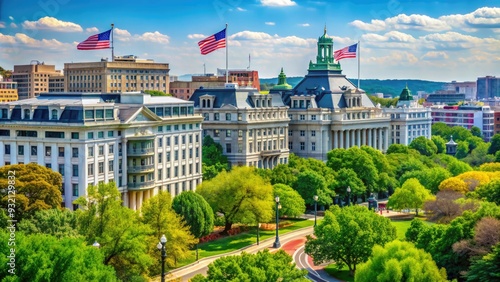 Historic office complex in Washington D.C. with flag-adorned buildings and lush greenery, symbolizing government and politics, with a hint of scandal and intrigue. photo