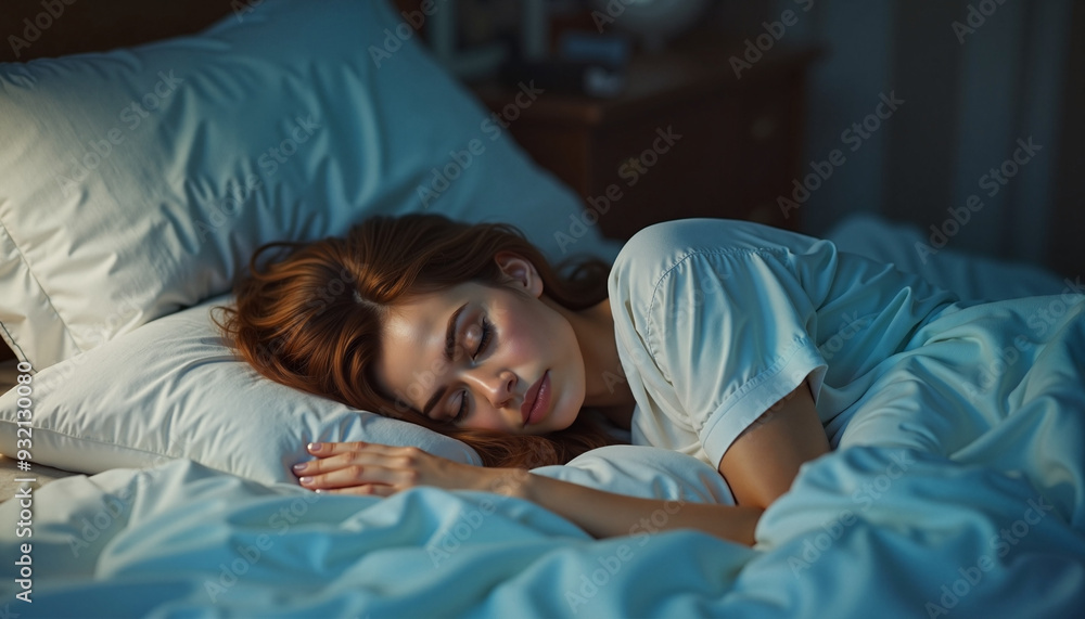Woman peacefully sleeping in cozy bed against dark bedroom background Woman peacefully sleeping in cozy bed against dark bedroom background