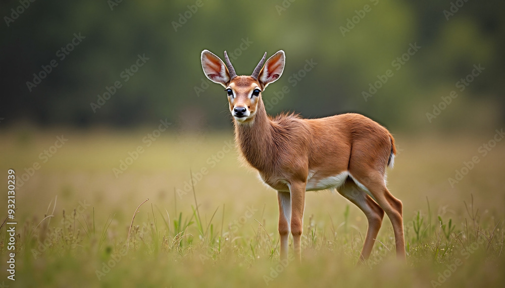 Alert Gazelle Curiously Standing in Grassy Savanna Against Blurred Green Background Alert Gazelle Curiously Standing in Grassy Savanna Against Blurred Green Background