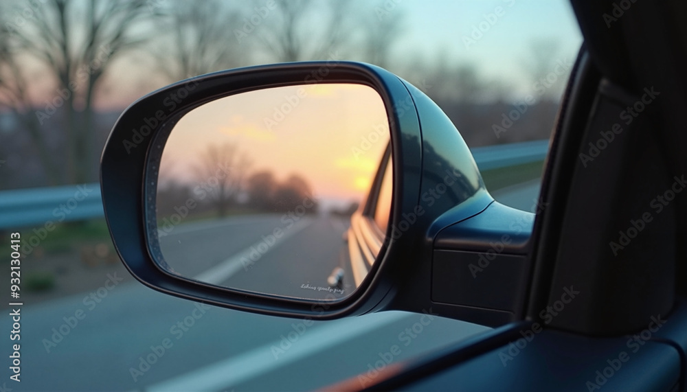 Car side mirror reflecting serene sunset on empty road during twilight drive Car side mirror reflecting serene sunset on empty road during twilight drive