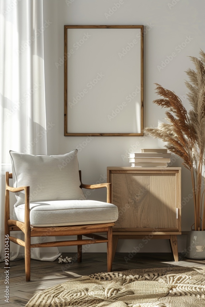 Cozy room with a framed poster mockup, wooden furniture, natural decor, showcasing a stylish home Cozy room with a framed poster mockup, wooden furniture, natural decor, showcasing a stylish home