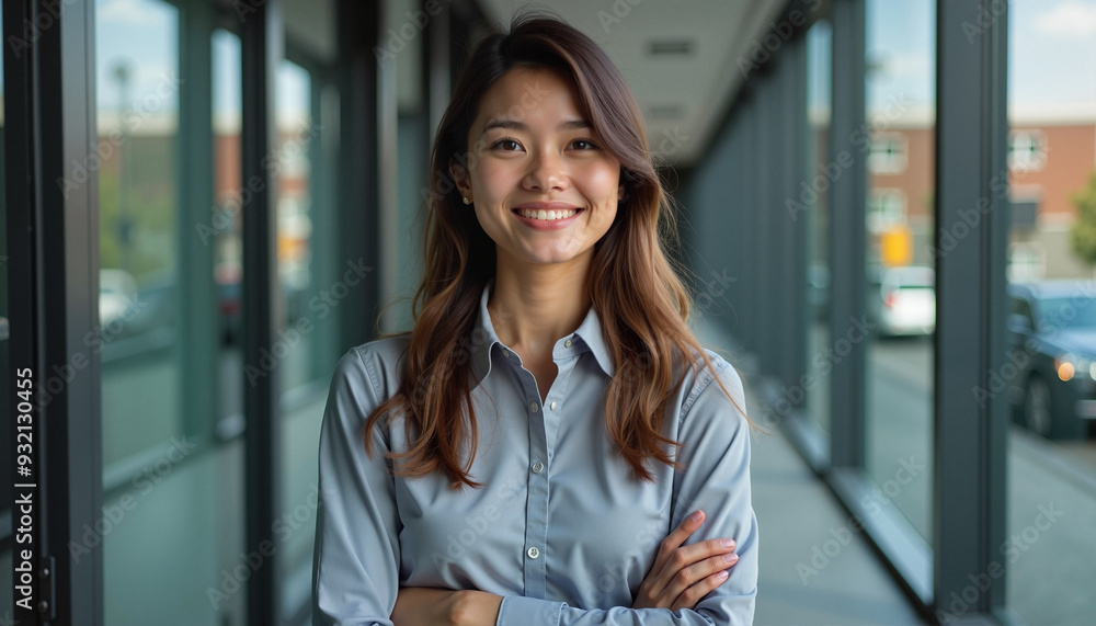 Cheerful professional with confident smile standing in modern office corridor Cheerful professional with confident smile standing in modern office corridor