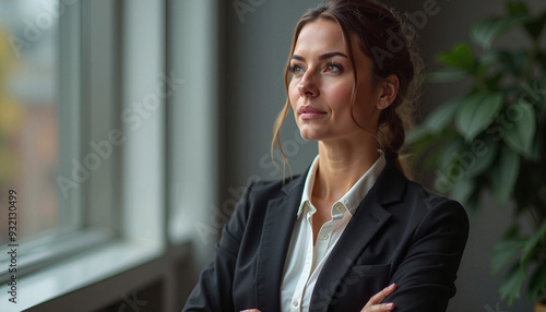 Confident businesswoman with contemplative expression looking out office window