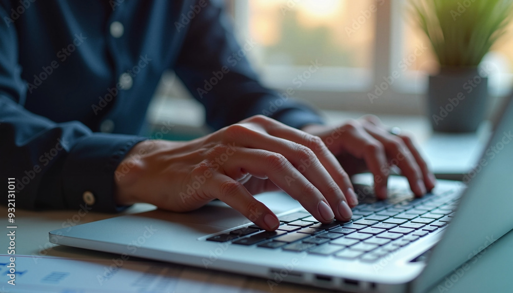 Hands typing focused on laptop keyboard against blurred office background Hands typing focused on laptop keyboard against blurred office background