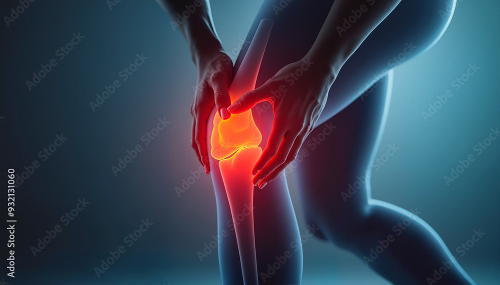 Human Knee Pain Highlighted in Red Against Blue Background Human Knee Pain Highlighted in Red Against Blue Background