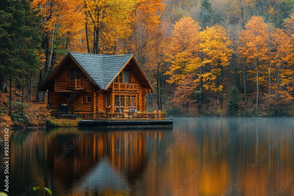 Autumn lake in the forest. Autumn landscape with a wooden house. Autumn lake in the forest. Autumn landscape with a wooden house.