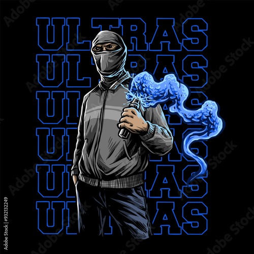man football soccer supporter hooligan ultras mania with flare smoke bomb