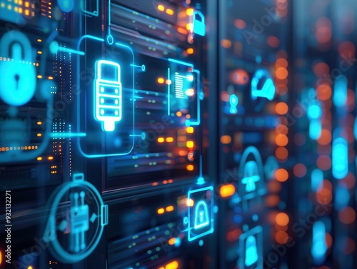 Digital Fortress: Futuristic Server Room with Glowing Blue Holographic Firewalls and Cyber Security Symbols, Sci-fi 3D Rendering with Neon Lights