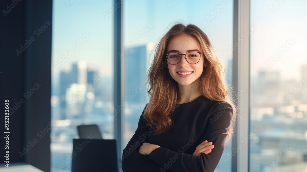 A successful young business executive, standing confidently with arms crossed, smiling in an open-concept office with light streaming through large windows. 