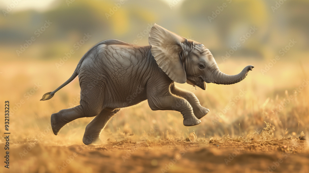 Fototapeta premium A little elephant playing in a golden field at dawn