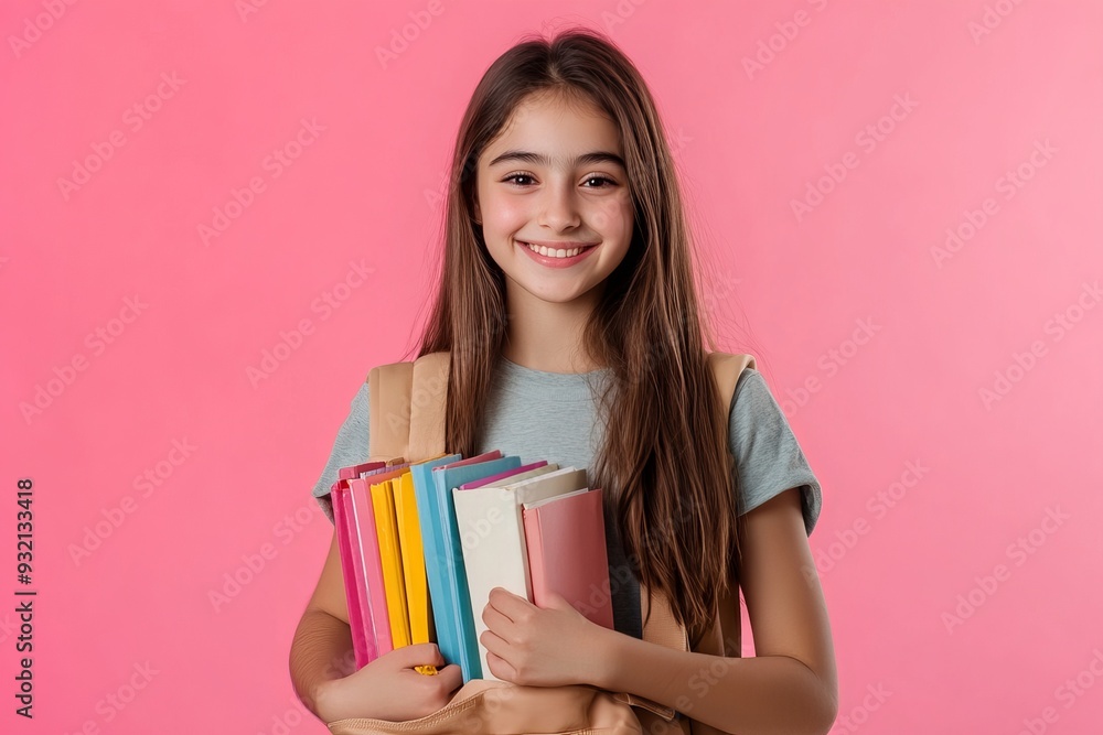Happy Girl Ready for School with Pink Background Happy Girl Ready for School with Pink Background