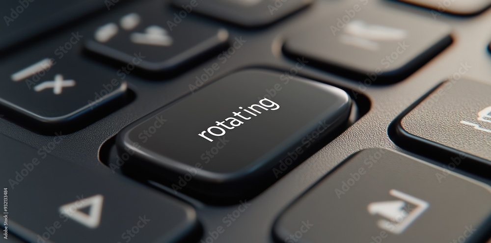 Close-up of a black computer keyboard with a white 'rotating' key Close-up of a black computer keyboard with a white 'rotating' key