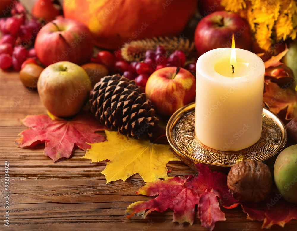 Autumn still life with candles, apples, chesnut, pears, grapes, daisy flowers and autumn leaves on elegant tray Autumn still life with candles, apples, chesnut, pears, grapes, daisy flowers and autumn leaves on elegant tray