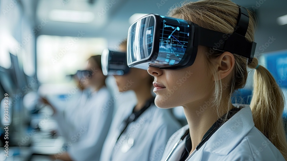 Medical professionals using augmented reality tools for training in a futuristic setting Medical professionals using augmented reality tools for training in a futuristic setting