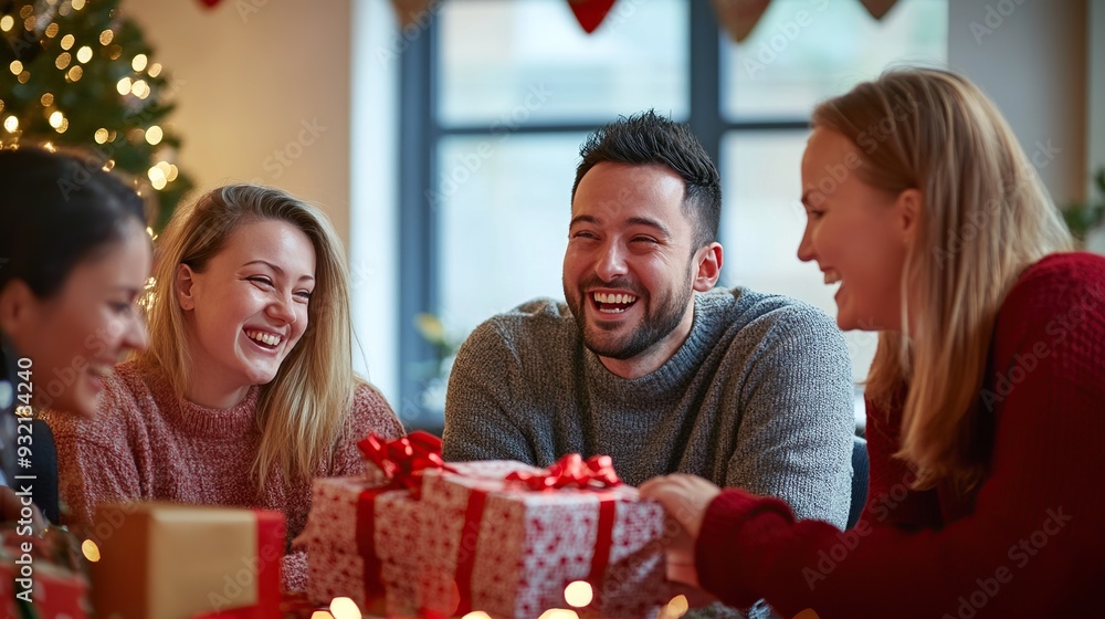 Friends enjoying a Christmas gift exchange at a cozy gathering Friends enjoying a Christmas gift exchange at a cozy gathering