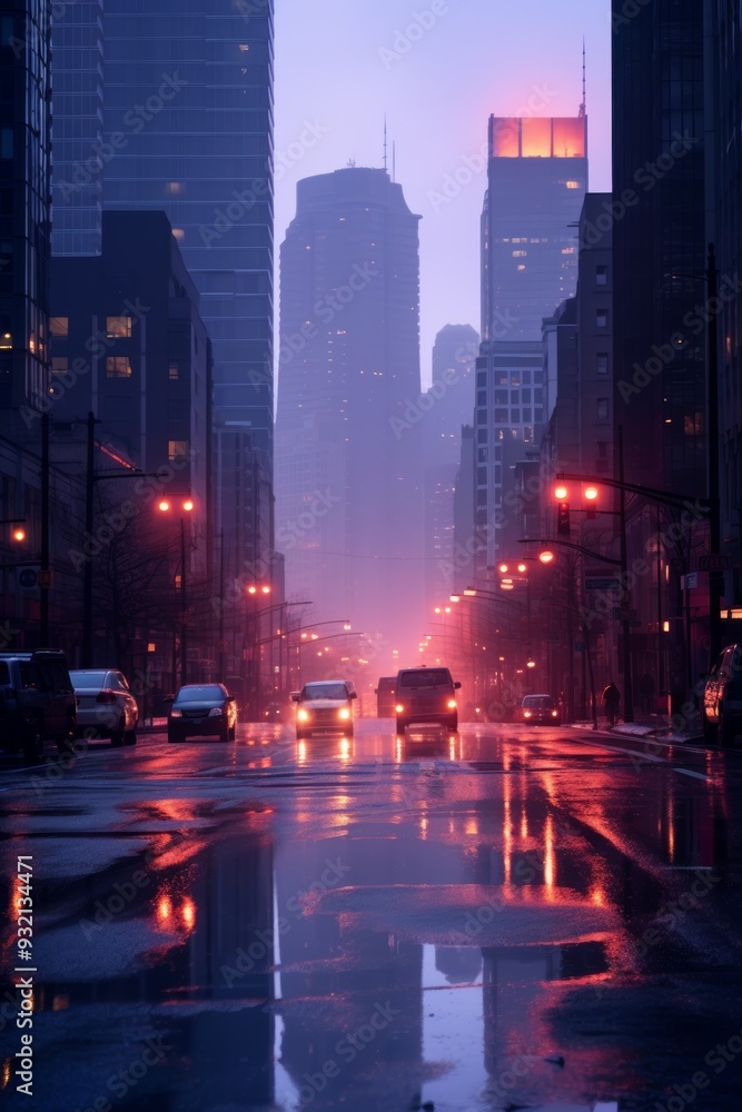 Cityscape at Dusk: Rain-Soaked Streets and Glowing Lights Cityscape at Dusk: Rain-Soaked Streets and Glowing Lights