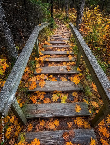 Stairway to Forest: A Mystical Path Leading into a Lush, Enchanted Woodland Surrounded by Verdant Trees, Ferns, and Moss, Evoking a Sense of Adventure and Serenity