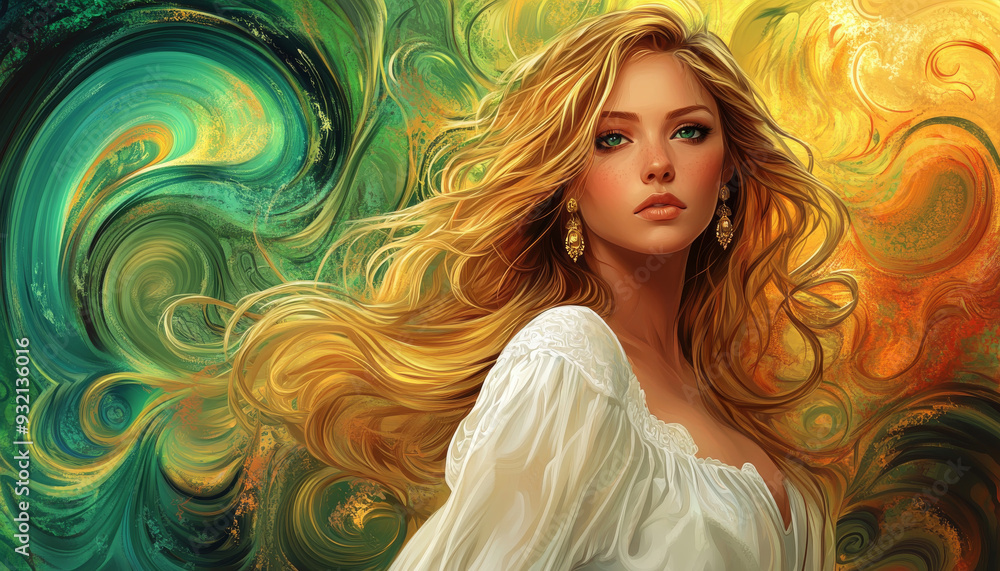 A beautiful woman with long golden hair, wearing an elegant white blouse and gold earrings, stands against a background of swirling colors A beautiful woman with long golden hair, wearing an elegant white blouse and gold earrings, stands against a background of swirling colors