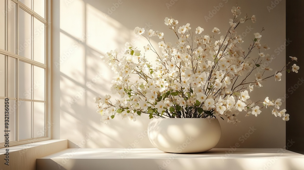 Fototapeta premium elegant white podium display showcasing a delicate spring flower arrangement bathed in soft light against a minimalist backdrop