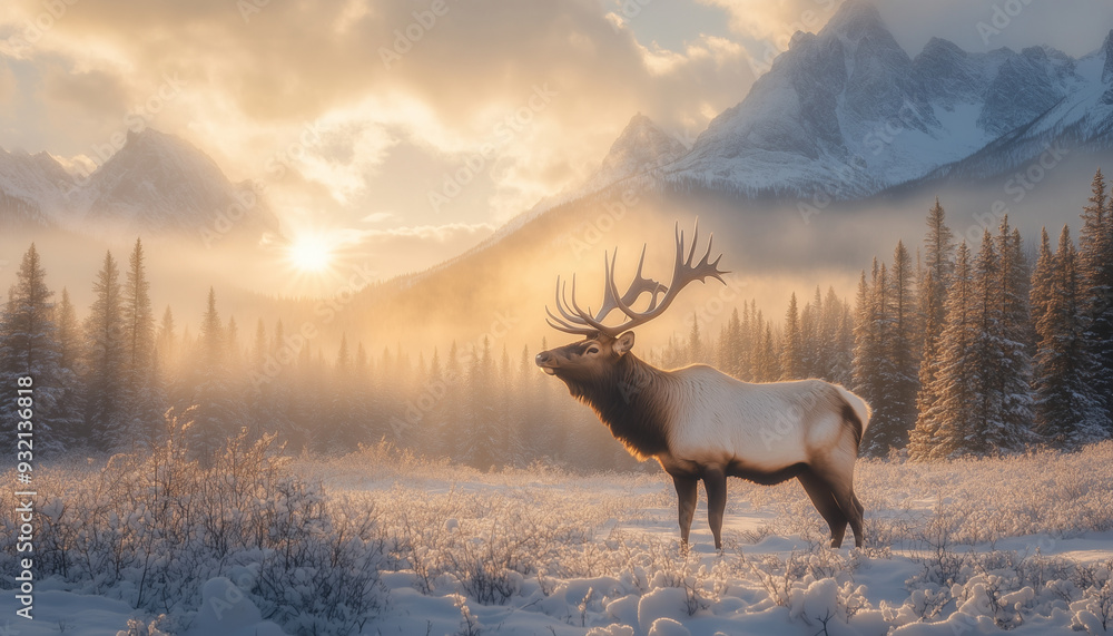 Portrait of a free and wild elk on winter snow forest background with copy space, noble stag with beautiful sunlight , wildlife banner Portrait of a free and wild elk on winter snow forest background with copy space, noble stag with beautiful sunlight , wildlife banner
