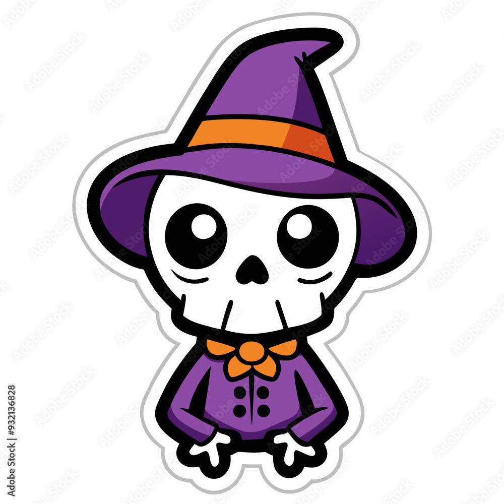 Adorable Halloween Skeleton with Witch Hat - Baby Sticker Design on White Background art vector illustration Adorable Halloween Skeleton with Witch Hat - Baby Sticker Design on White Background art vector illustration