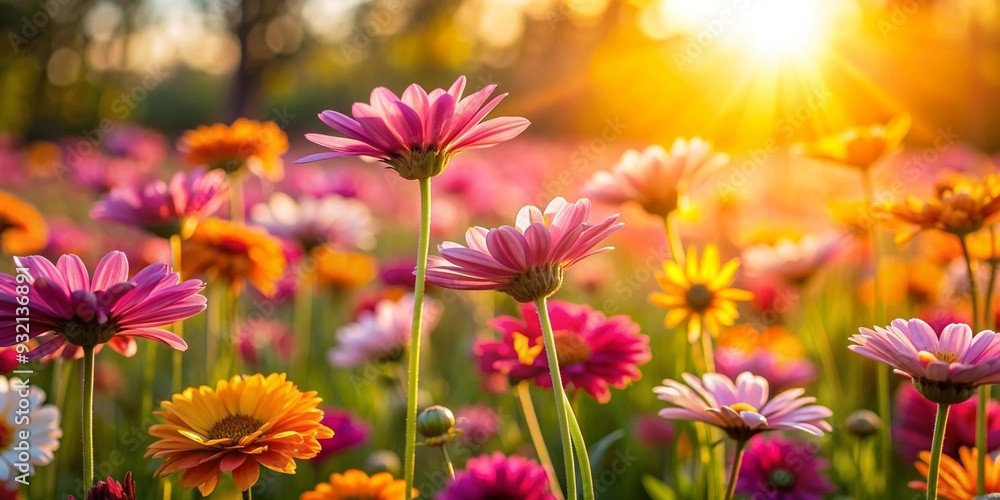Flower field in sunlight, spring or summer garden background in macro close-up. Summer flowers for postcards, invitations, colorful composition Flower field in sunlight, spring or summer garden background in macro close-up. Summer flowers for postcards, invitations, colorful composition