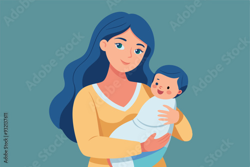 Young woman holding her newborn baby vector illustration. Maternity concept design