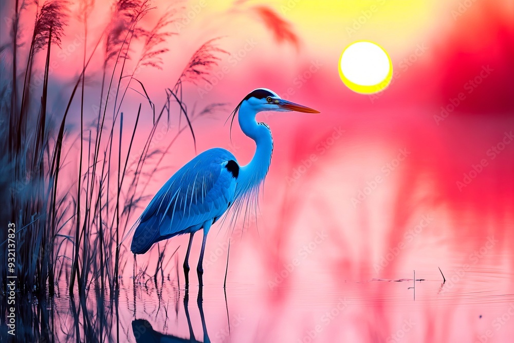 Naklejka premium A blue bird standing in the water at sunset
