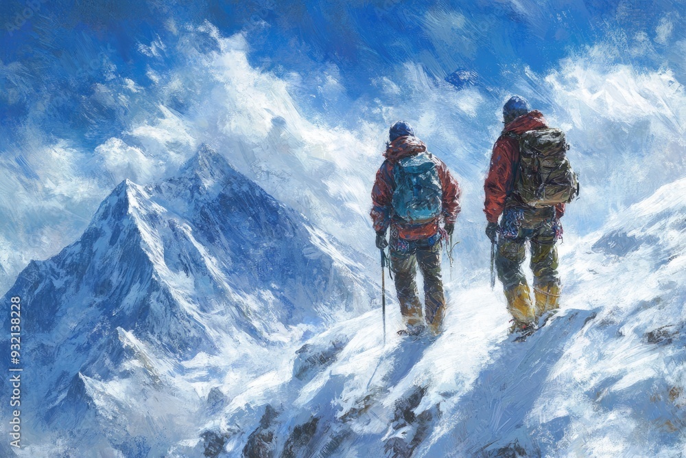 Two climbers ascend a snowy mountain. Perfect for illustrating stories of perseverance and achieving goals. Two climbers ascend a snowy mountain. Perfect for illustrating stories of perseverance and achieving goals.